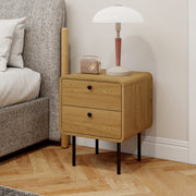 Bedside Table with Two Drawers and Steel Legs for Bedroom Storage Oak