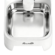 Close-up of the stainless steel bowl and white spout