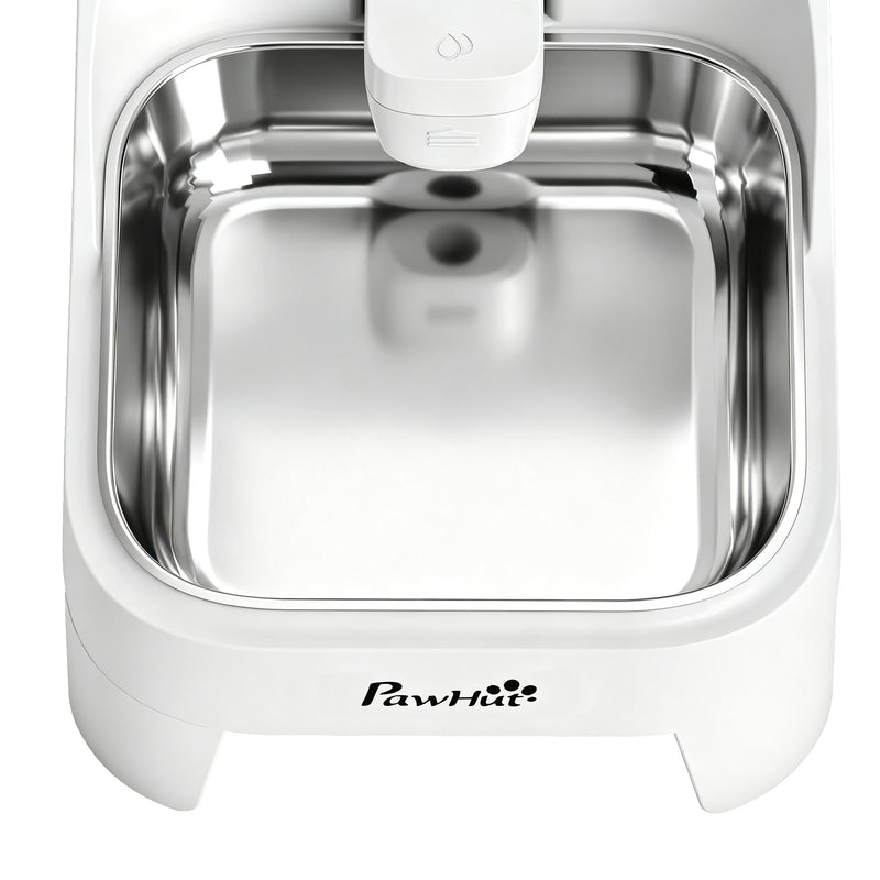 Close-up of the stainless steel bowl and white spout