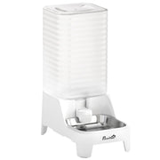 White 8L gravity pet water dispenser with a stainless steel bowl, studio view