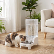 Cat drinking from the white gravity water dispenser in a living room