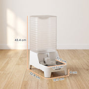 Dimensions diagram of the water dispenser: 43.4 cm high, 32.8 cm and 19.3 cm base, 17.5 cm tank and 4 cm feet