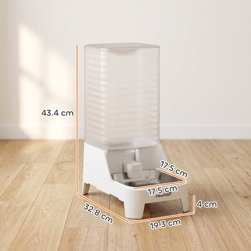 Dimensions diagram of the water dispenser: 43.4 cm high, 32.8 cm and 19.3 cm base, 17.5 cm tank and 4 cm feet