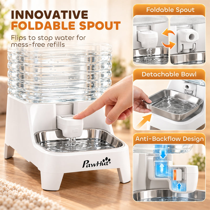 Close-ups of the foldable spout, detachable stainless steel bowl and anti-backflow design
