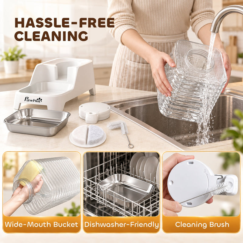 Wide-mouth bucket, dishwasher-friendly parts and cleaning brush for easy cleaning