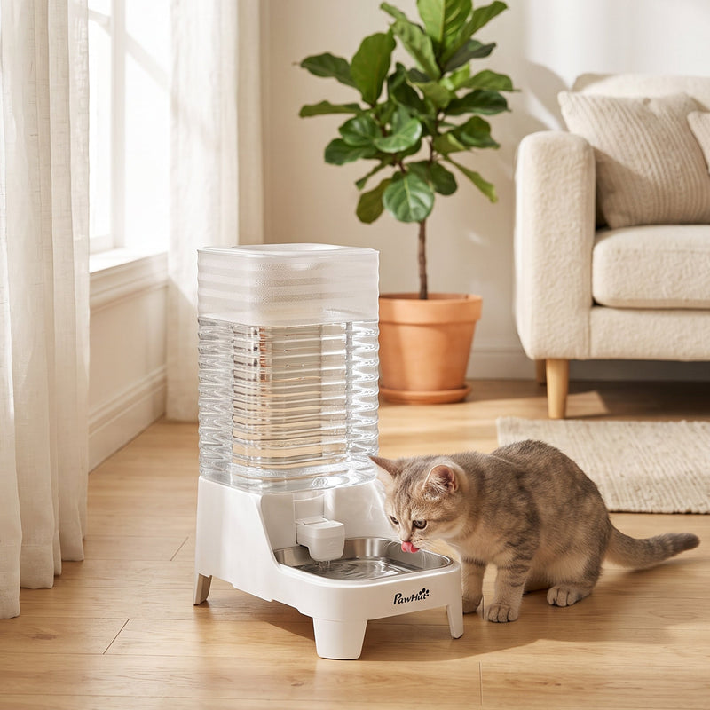 Cat drinking from the water dispenser beside a sofa