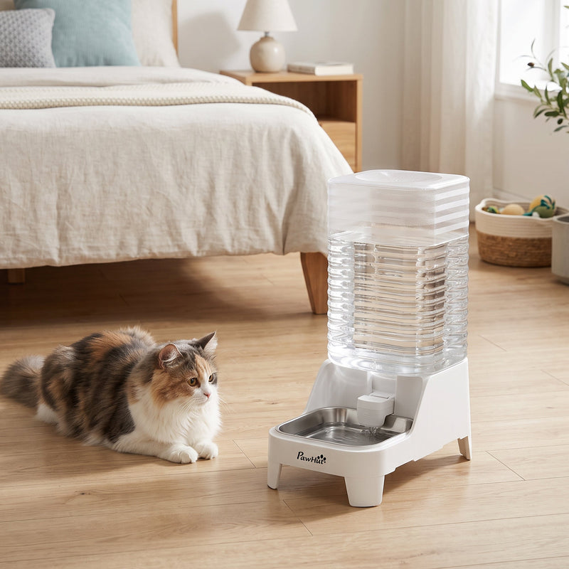 Cat resting near the water dispenser in a bedroom