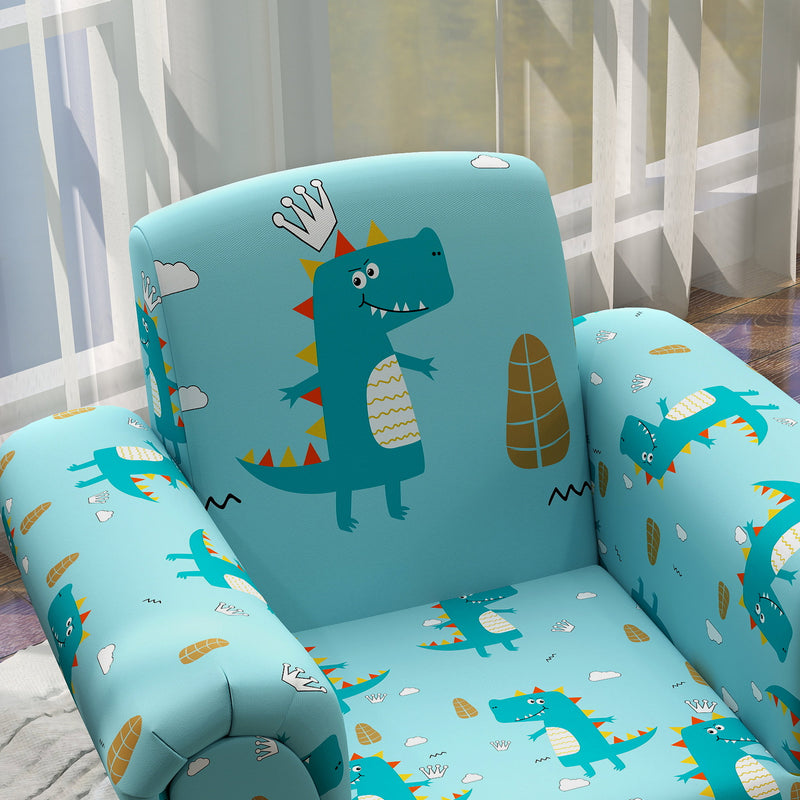 2 Piece Kids Sofa Chair Set with Dinosaur Design and Wooden Frame for Toddlers, Blue
