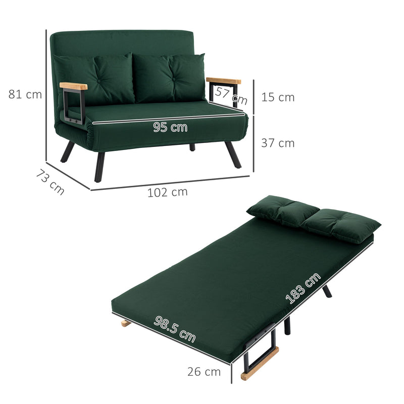 Dimension diagram showing sofa mode 102W x 73D x 81H cm and bed mode 183L x 98.5W cm