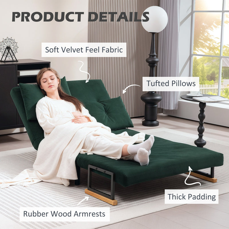 Labelled product details shot showing velvet fabric, tufted pillows and rubber wood armrests