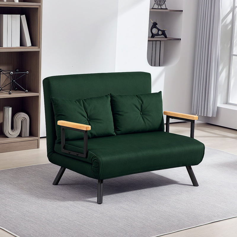 Full green sofa bed shown in loveseat mode in a room setting