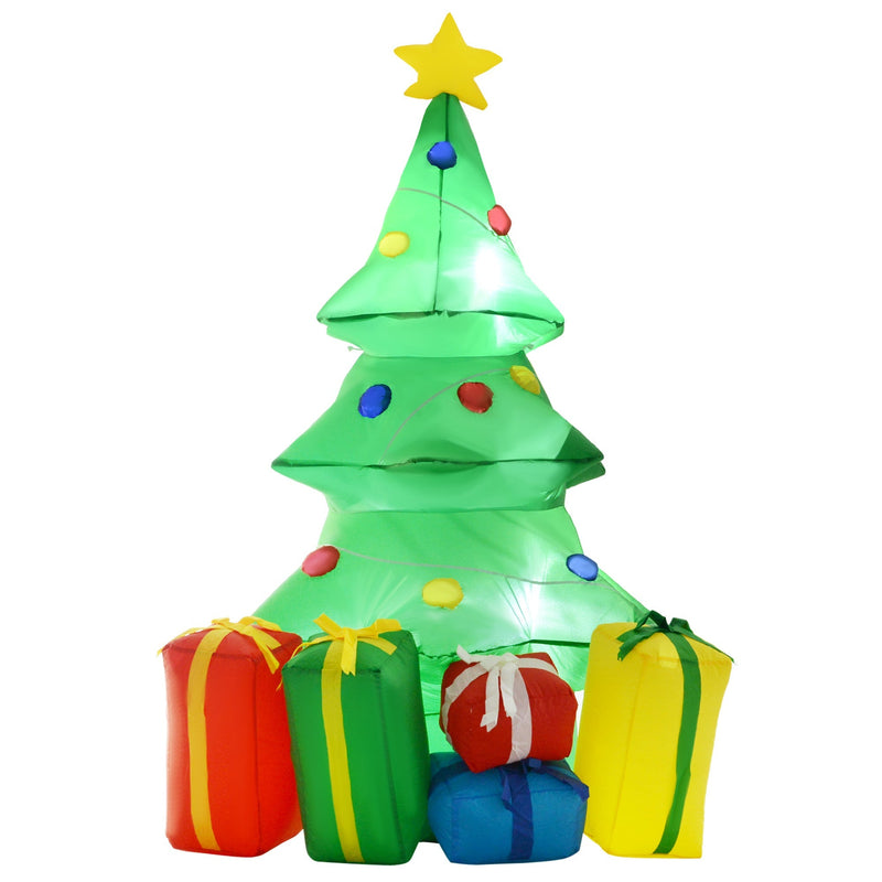 5ft green inflatable Christmas tree with a star and coloured presents on a white background
