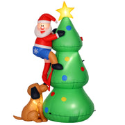 Inflatable Christmas tree with Santa climbing the side and a brown dog sitting at the base on a white background