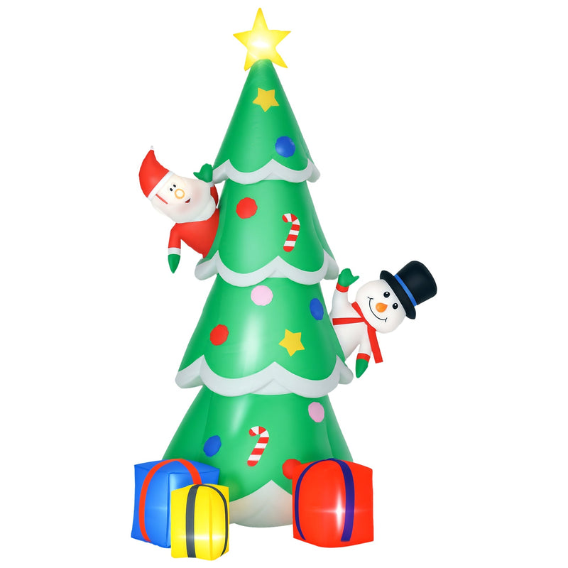 Green 7ft inflatable Christmas tree with Santa, snowman and presents on white