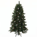 Green 5ft artificial Christmas tree with white berries and pine cones on a black foldable metal stand