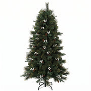 Green 5ft artificial Christmas tree with white berries and pine cones on a black foldable metal stand
