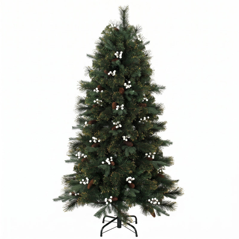 Green 5ft artificial Christmas tree with white berries and pine cones on a black foldable metal stand