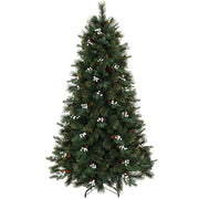 Green 6ft artificial Christmas tree with white berries and pine cones on a black foldable metal stand