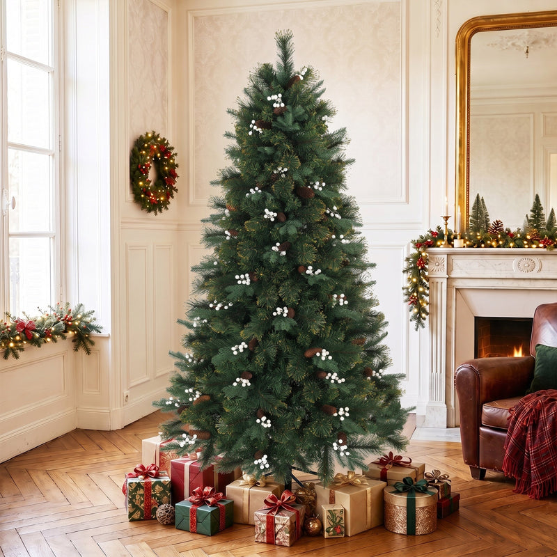 6ft berry Christmas tree in a cream living room with a mantelpiece wreath and gifts under the tree