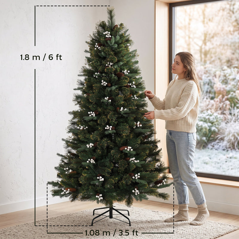6ft Christmas tree next to a woman with size labels showing 1.8 m height and 1.08 m width