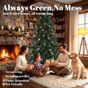 Family and a dog by a stone fireplace next to the 6ft tree with text listing no watering and flame-retardant
