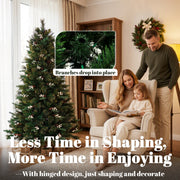 Parents reading to a child by the 6ft tree with an inset showing branches dropping into place