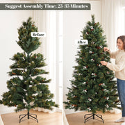 Before and after comparison of the 6ft tree unshaped and shaped, with a 25 to 35 minute assembly time label