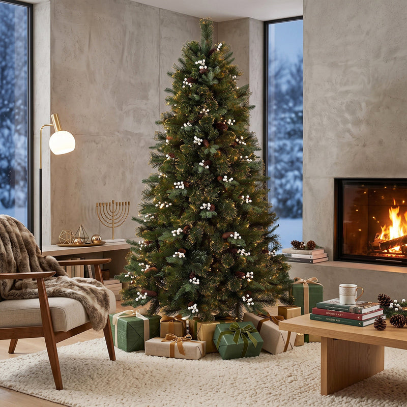 6ft berry Christmas tree in a modern lounge with a fireplace, coffee table and wrapped gifts