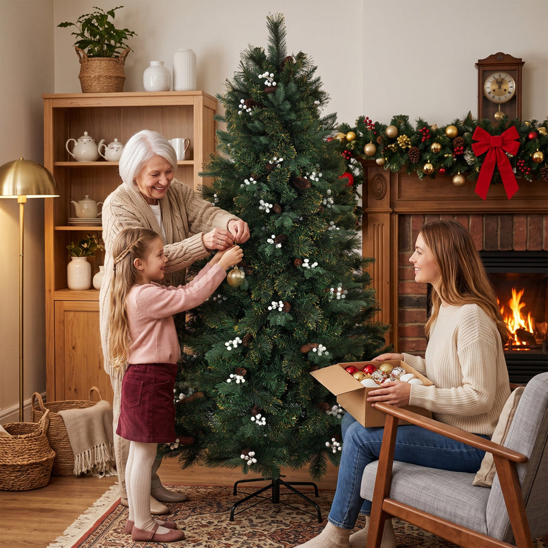 Grandmother and girl decorating the 6ft tree in a living room with a woman unpacking ornaments