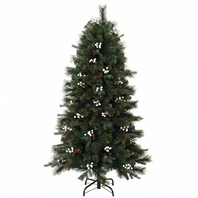 Green 5ft artificial Christmas tree with white berries and pine cones on a black foldable metal stand