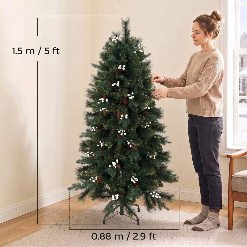 5ft Christmas tree next to a woman with size labels showing 1.5 m height and 0.88 m width