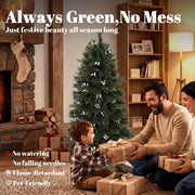 Father and son opening a gift beside the 5ft berry tree with text listing no watering and flame-retardant