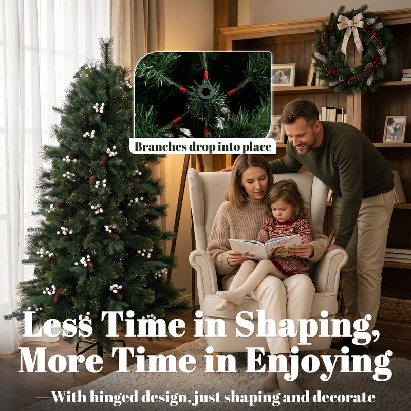 Parents reading to a child beside the 5ft tree with an inset showing branches dropping into place