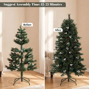 Before and after comparison of the 5ft tree unshaped and shaped, with a 15 to 25 minute assembly time label