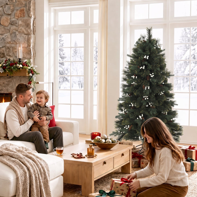 5ft tree in a bright living room with a father and toddler on the sofa and a girl wrapping a gift