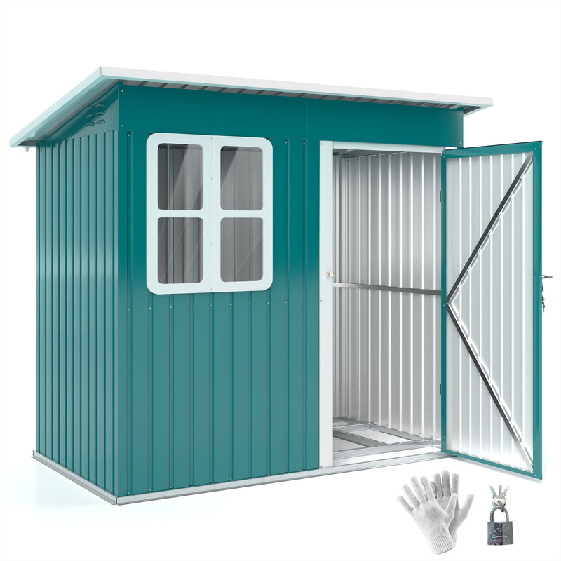 Green 7x4ft Outsunny metal garden shed on a white background with its single door open, shown with the included gloves and padlock
