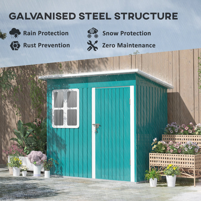 Feature panel showing the shed's galvanised steel structure with rain protection, snow protection, rust prevention and zero maintenance icons