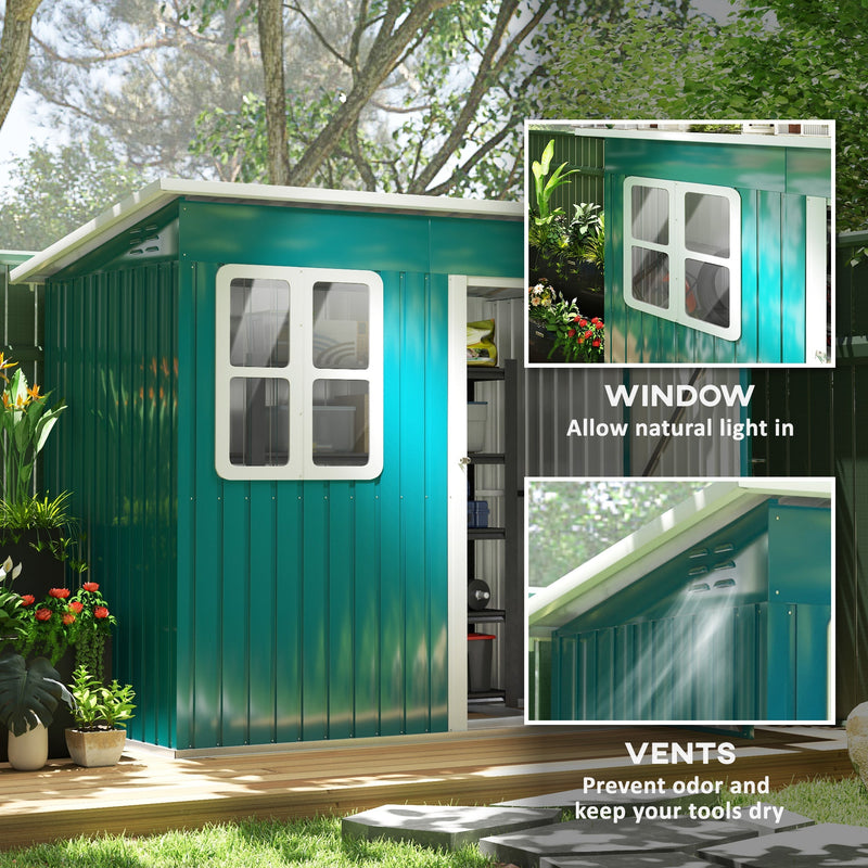 Close-up panel of the shed's front window and roof-line ventilation slots that let in light and keep air moving
