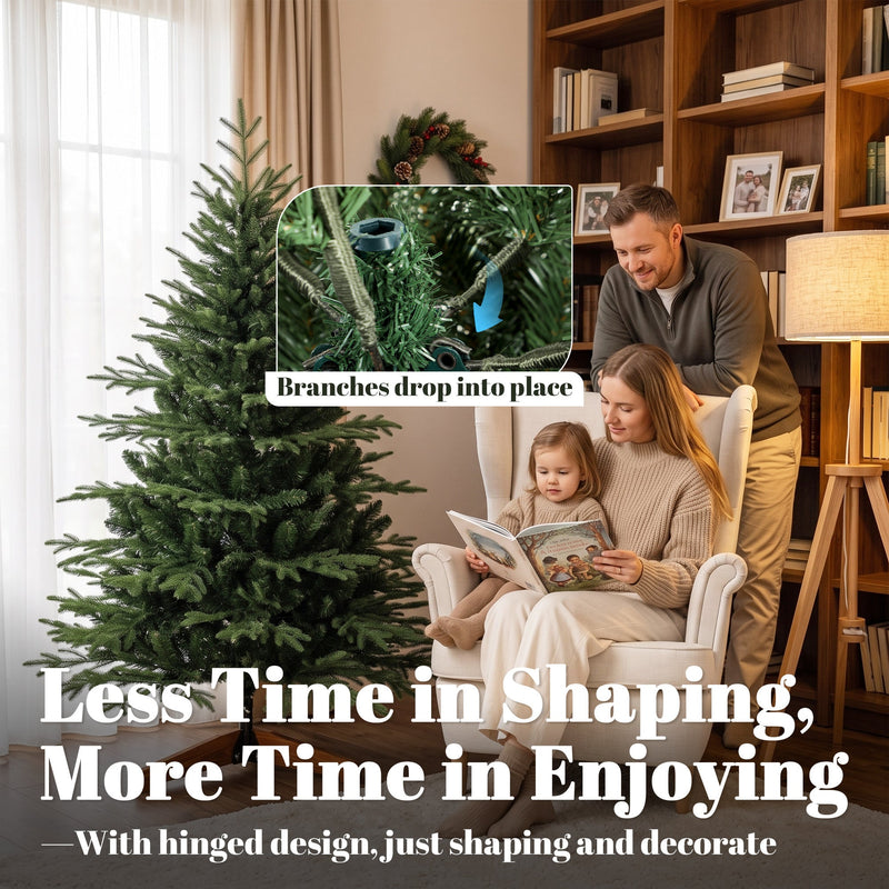 Hinged branches dropping into place on the 5ft tree while a family reads beside it