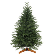 Green 5ft hinged artificial Christmas tree on a wooden cross stand, studio shot