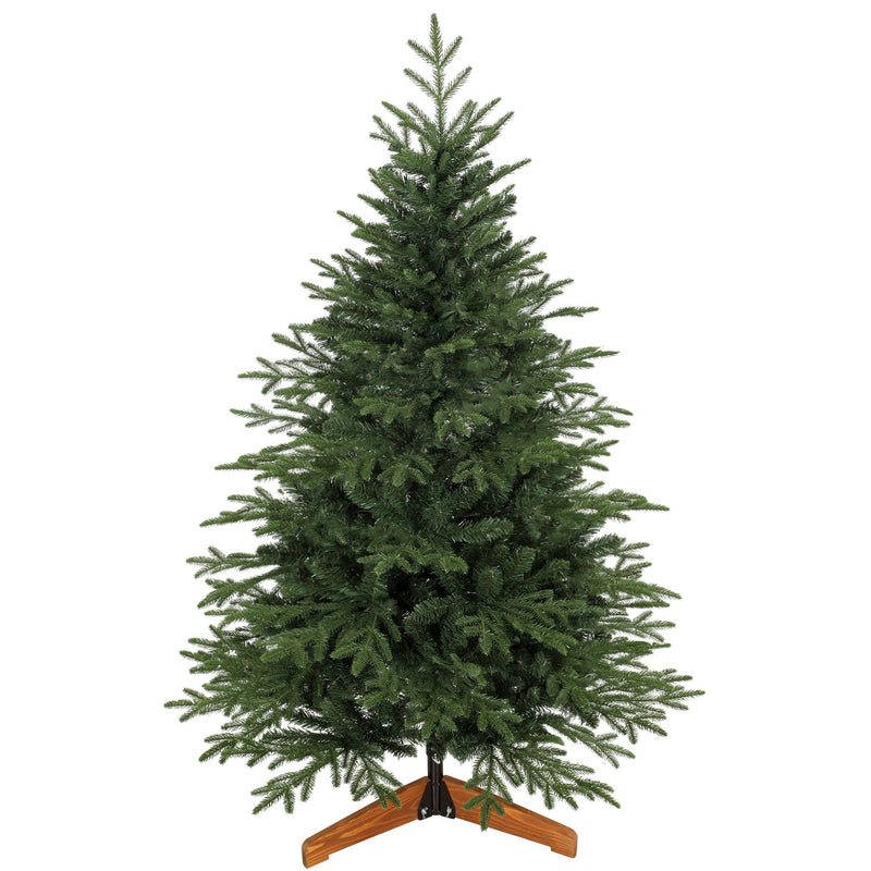 Green 5ft hinged artificial Christmas tree on a wooden cross stand, studio shot