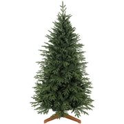 Green 6ft hinged artificial Christmas tree on a wooden cross stand, studio shot
