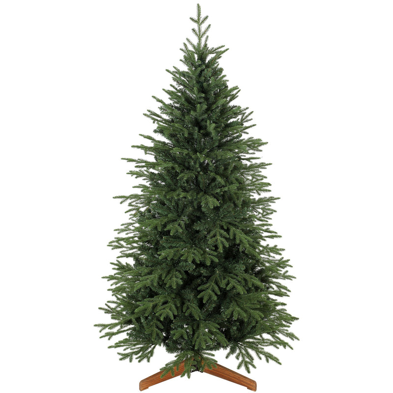 Green 6ft hinged artificial Christmas tree on a wooden cross stand, studio shot