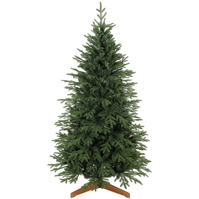 Green 6ft hinged artificial Christmas tree on a wooden cross stand, studio shot