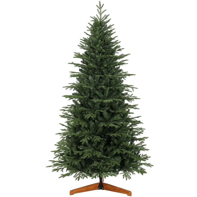 Green 7ft hinged artificial Christmas tree on a wooden cross stand, studio shot