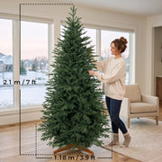 7ft tree dimensions of 2.1 m high and 1.18 m wide, shown beside a woman
