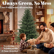 Family swapping gifts by the tree with no watering, no falling needles and flame-retardant callouts