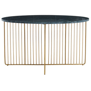 Green marble coffee table shown from above with the gold frame visible beneath