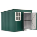 Green 8x6ft metal garden shed with pent roof, window and one door open on a white background