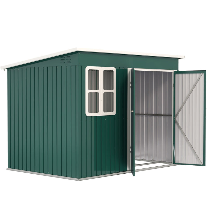 Green 8x6ft metal garden shed with pent roof, window and one door open on a white background